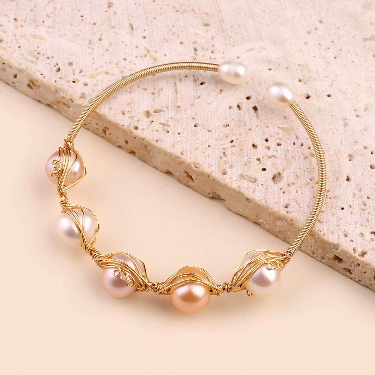 Natural Pearl Copper Wire Braided 18k Real Gold Bracelet