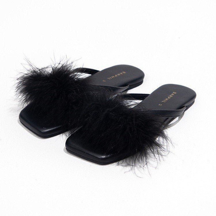 Real rabbit fur flat-bottomed slippers