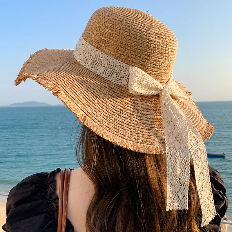 Wave-Edge Bow Wide-Brim Hat