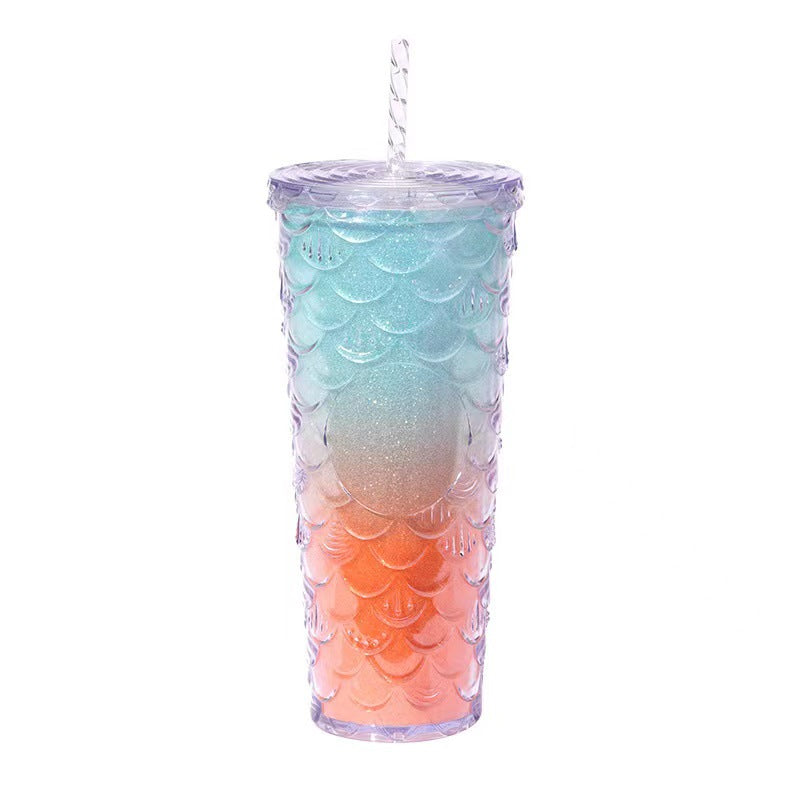 Scaled Pattern Large Capacity Double-Layer Plastic Straw Bottle