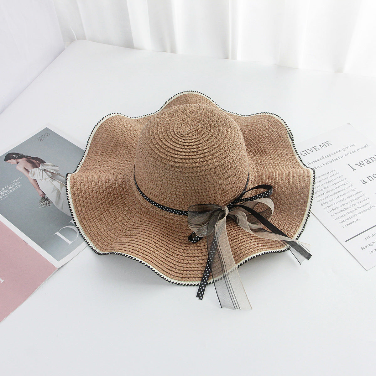 Korean Bow Wide Brim Straw Hat