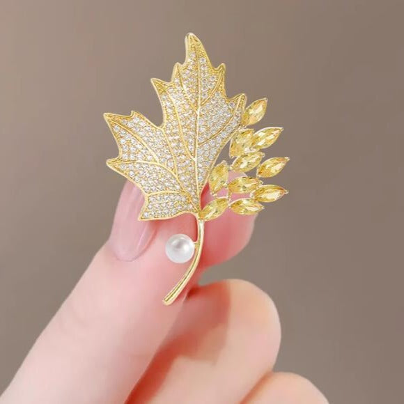 Yellow Crystal Maple Leaf Brooch