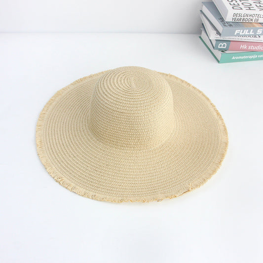 Frayed Wide-Brim Straw Hat Women Summer Sun Protection DIY Blank Vacation Hat