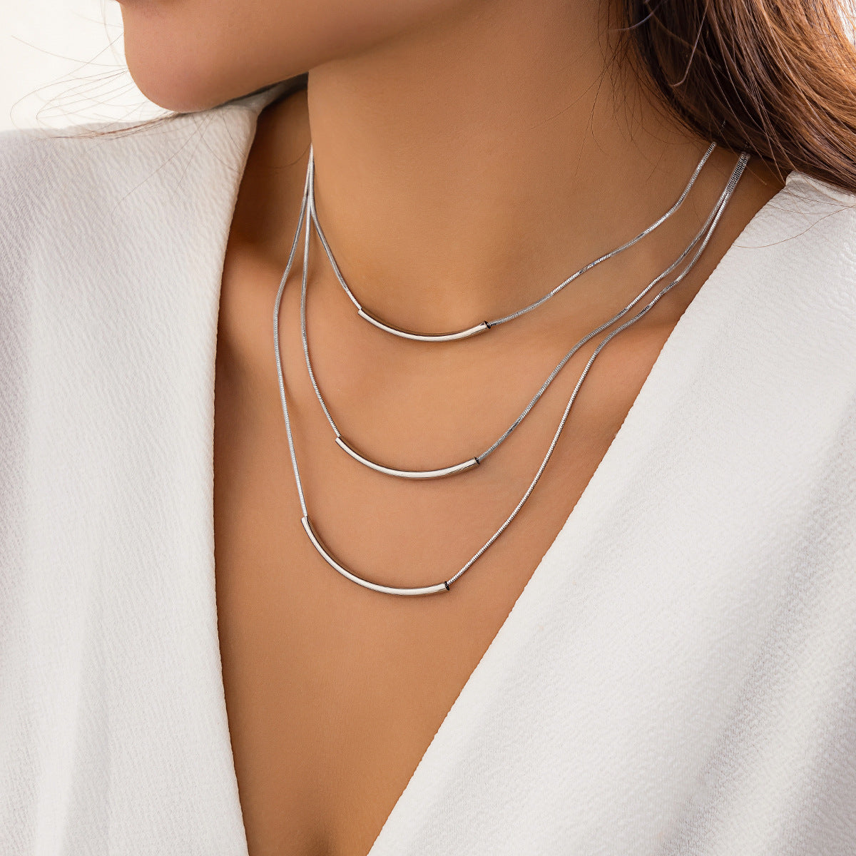 Stacked metal wind snake bone chain necklace