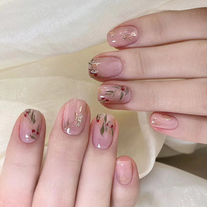 Chinese Style Red Bean Short Ballerina Nails 24 Pieces