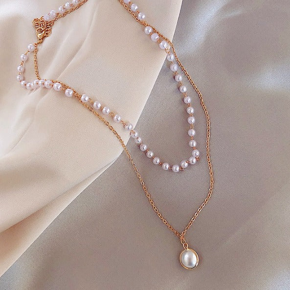 Simple chain beaded multi-layer necklace pearl