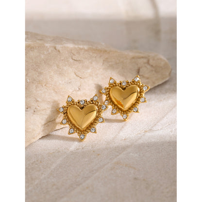 Pendientes de corazón de acero inoxidable en oro de 18 quilates con diamantes de imitación 