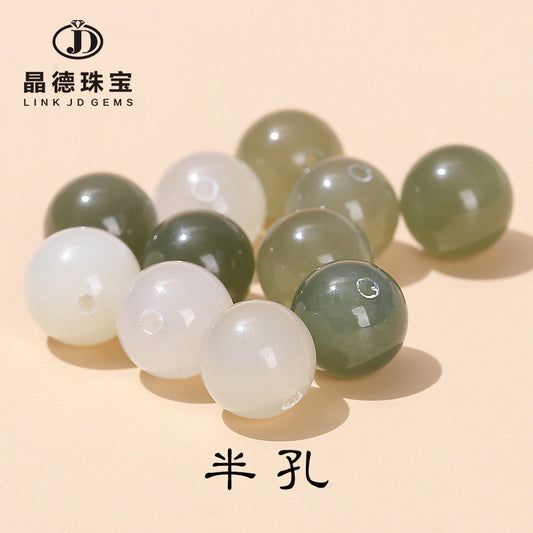 8Mm natural clear water Hetian jade half-hole round beads