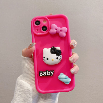 Funda de bambú alta para iPhone 15 Pro 12 XR con lazo 3D de Hello Kitty, cubierta completa, linda 