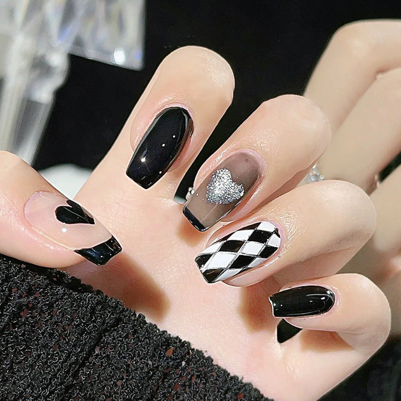 Cat Eye Checkered Heart Nails