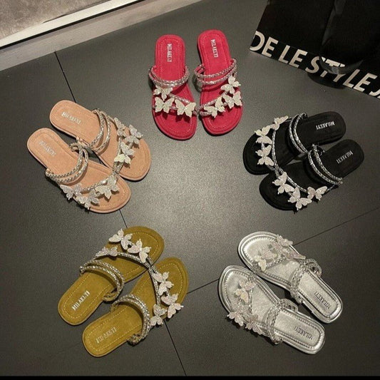 Rhinestone Butterfly Section Flat Slippers