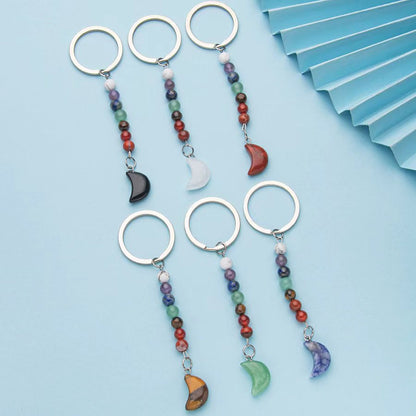 Colorful natural crystal agate moon pendant stainless steel keychain