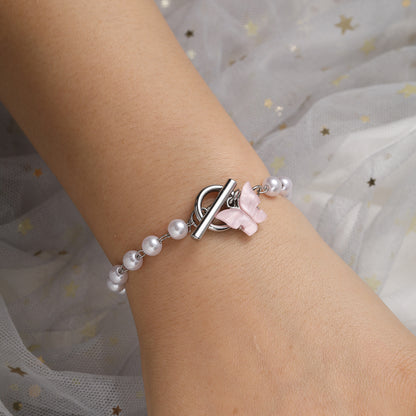 Pink Butterfly Pendant Pearl Bracelet