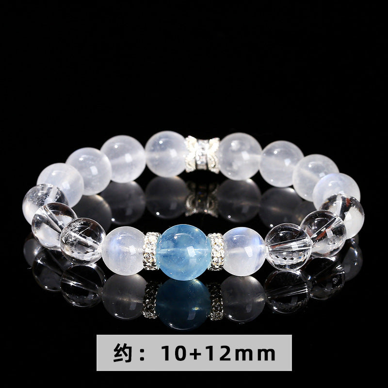 7A Natural White Crystal Blue Moonstone Round Bead Bracelet