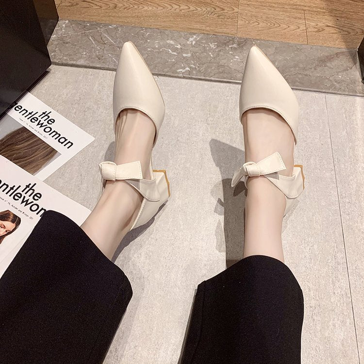 Thick Heel Pointed Bow Shoes