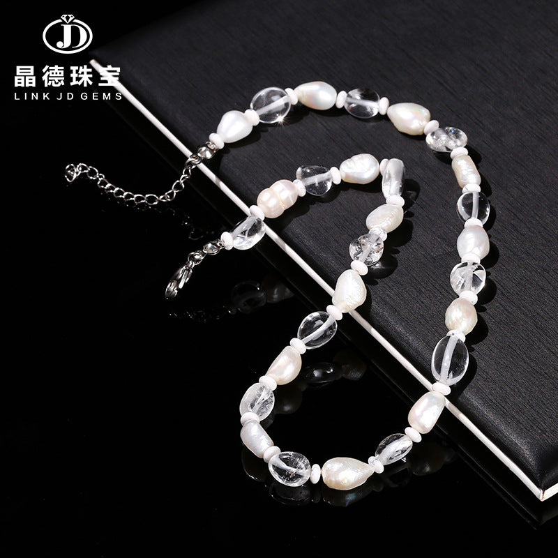 Natural White Crystal Conformal Bead Baroque Pearl Necklace