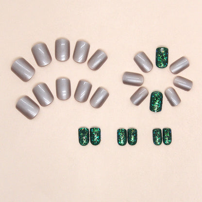 Short Dark Green Aurora Glitter Square Fake Nails