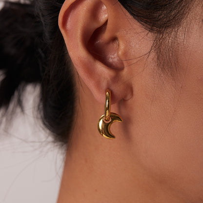 14K Gold Moon Hoop Pendant Earrings