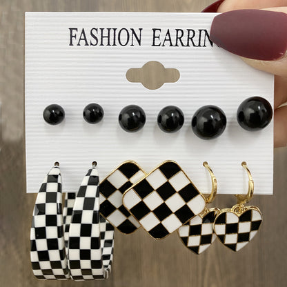 Black C-shaped stud earrings set of 6 pairs