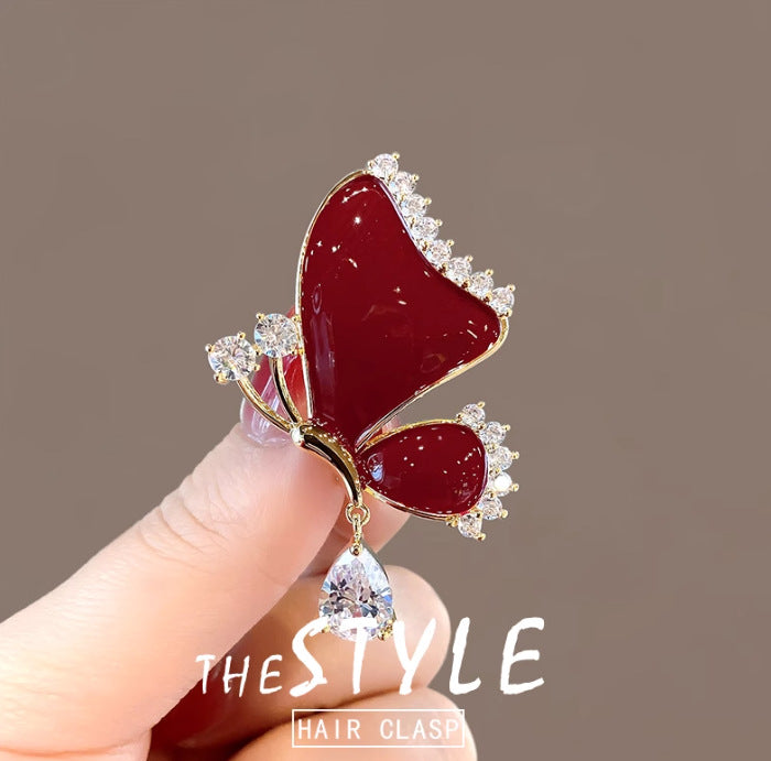 Red Sparkling Diamond Butterfly Brooch