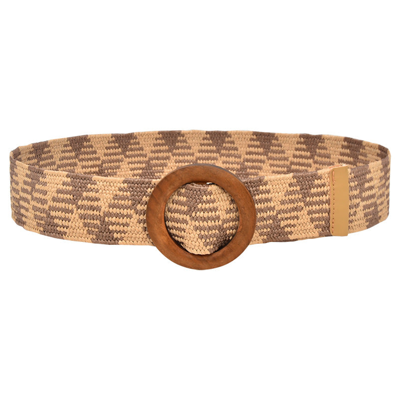 5CM wood buckle braided elastic belt