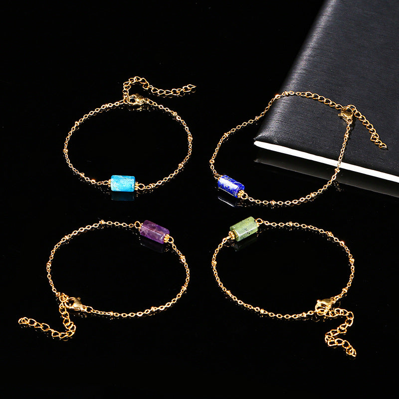 Natural crystal round tube bead stainless steel bracelet