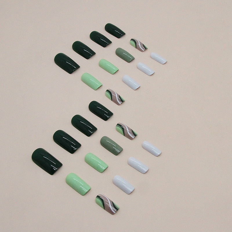 Green Striped Medium-Length Square Detachable Fake Nails