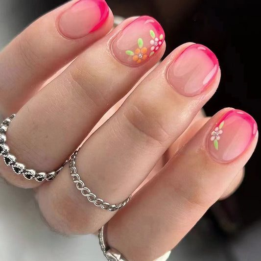 Sweet Pink French Floral Fake Nails