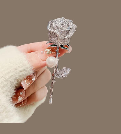 Metal Full Diamond Pearl Rose Brooch