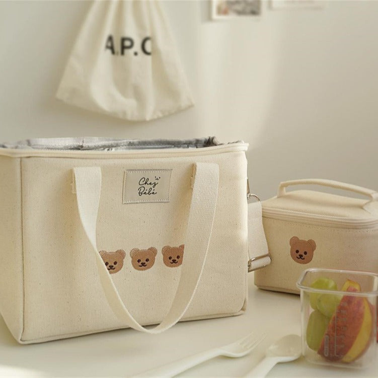 Embroidered bear insulated lunch box mommy bag