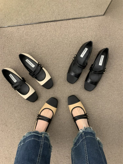 Square head color matching flat women's shoes