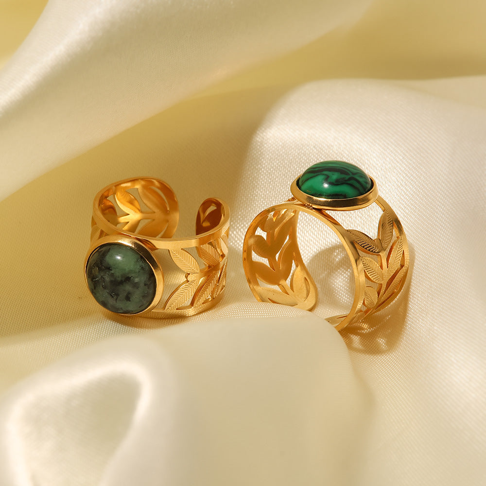 18K Gold Hollow Leaf Malachite Ring