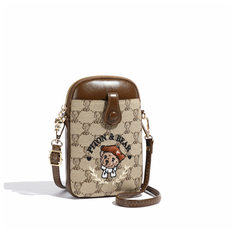 Bear embroidered canvas mobile phone bag