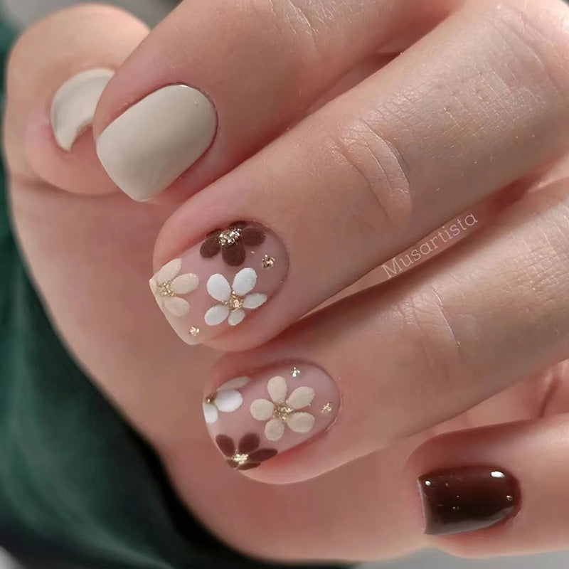 Minimalist Floral Light Brown Detachable Fake Nails