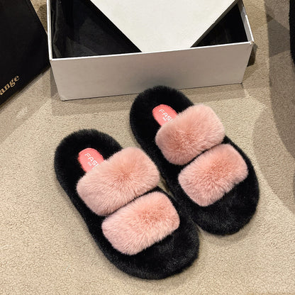 New color-blocked platform shearling slippers