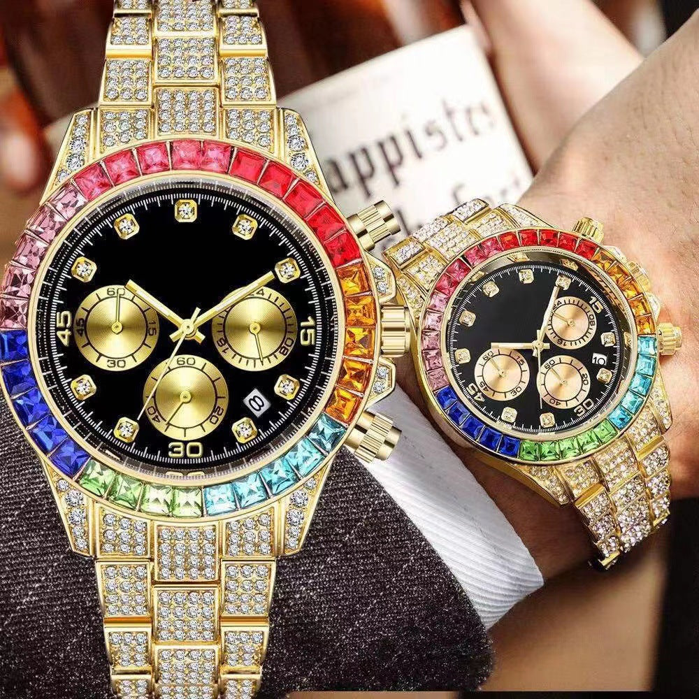 Faux Three-Eye Colored Rhinestone Men's Watch