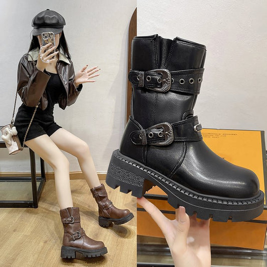 New side zipper metal buckle boots