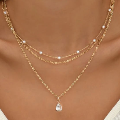 Three-layer necklace pearl teardrop pendant