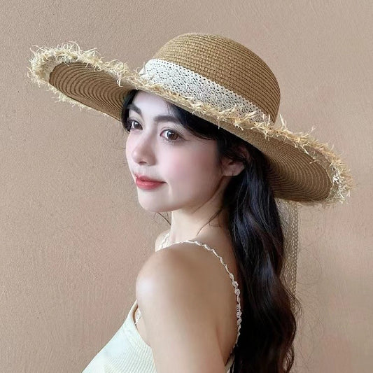 Lace Straw Hat Women Spring Summer Breathable Beach UV Foldable