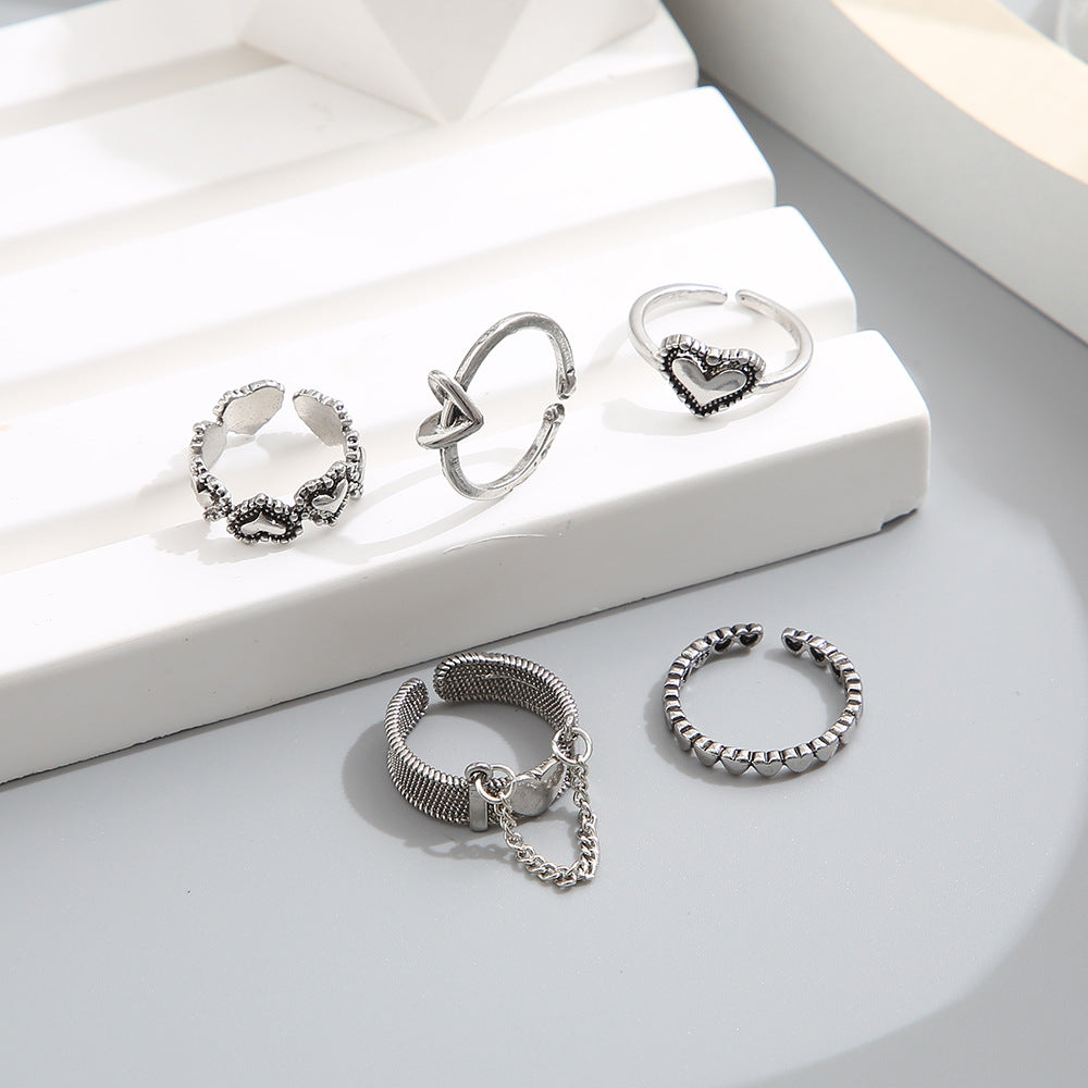 Retro Geometric Open Heart Ring 5-Piece Set