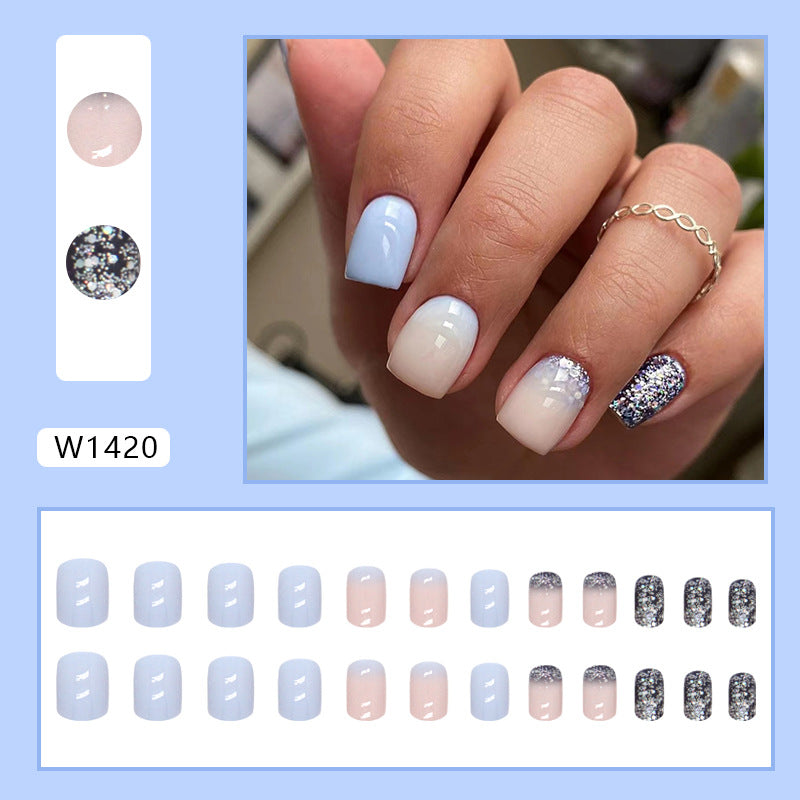 Mist Blue Glitter Short Square Detachable Fake Nails