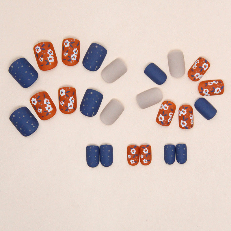 Short Brown-Blue Floral Square Fake Nails