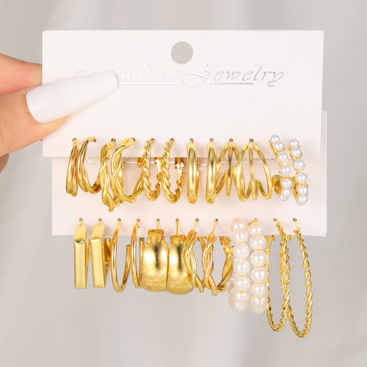 C-shaped geometric pearl alloy earrings 12-piece set