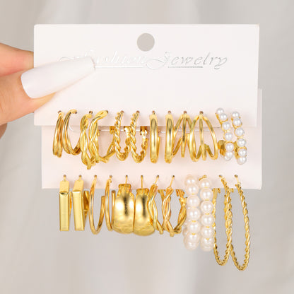 C-shaped geometric pearl alloy earrings 12-piece set