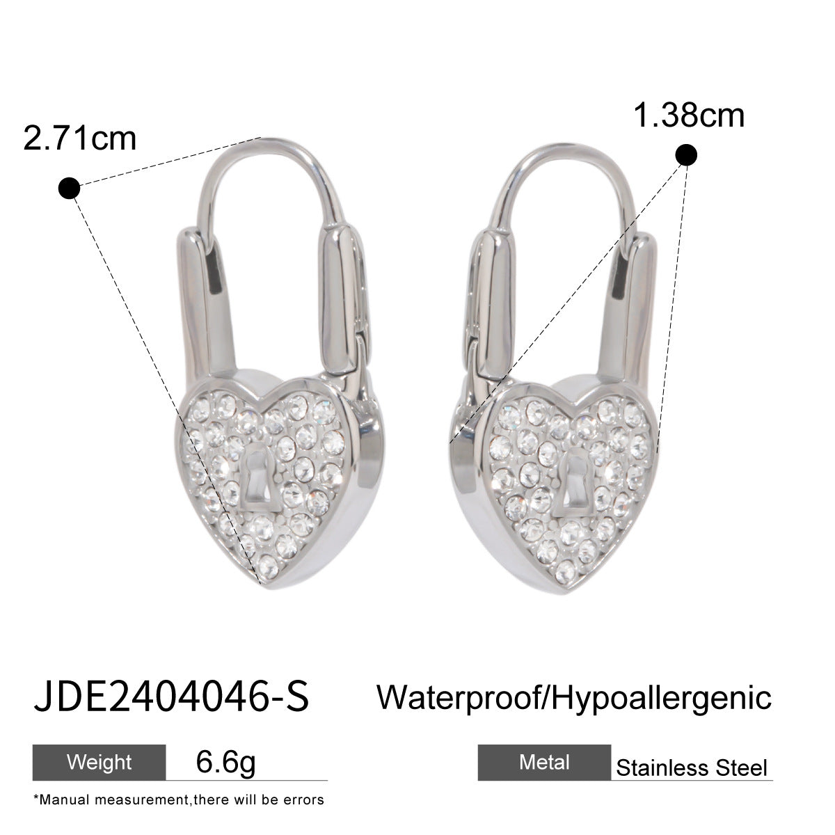 Heart lock shaped rhinestone titanium steel earrings