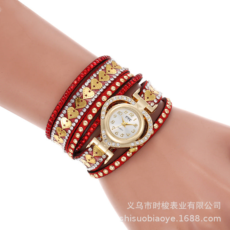 Wrap-Around Diamond-Embedded Bracelet Watch Heart Dial