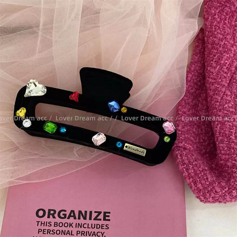 Korean New Colorful Heart Rhinestone Black Velvet Hair Clip