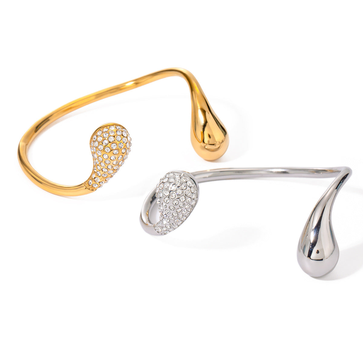 Asymmetric teardrop rhinestone cuff bracelet