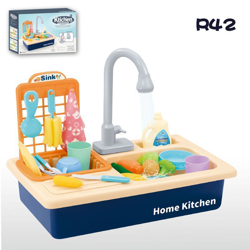 Children's Pretend Play Dishwasher with Dishwashing Basin, Circulating Water, Stove, Baby Pretend Play Kitchen Toy