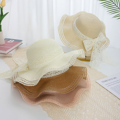 Sombrero de paja ondulado con flores para mujer para verano 